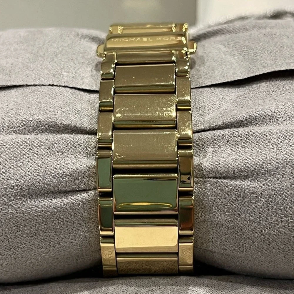 Michael Kors jeweled gold colored‎ watch with box, bag, pillow needs batteries